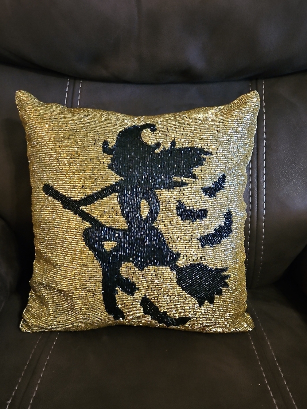 Gold and Black Beaded Witch Accent Pillow by Noir Night
